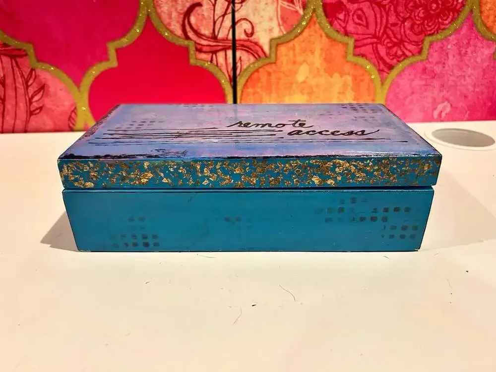 Hand Painted Blue and Purple Wooden Keepsake Box with Remote Access Calligraphy